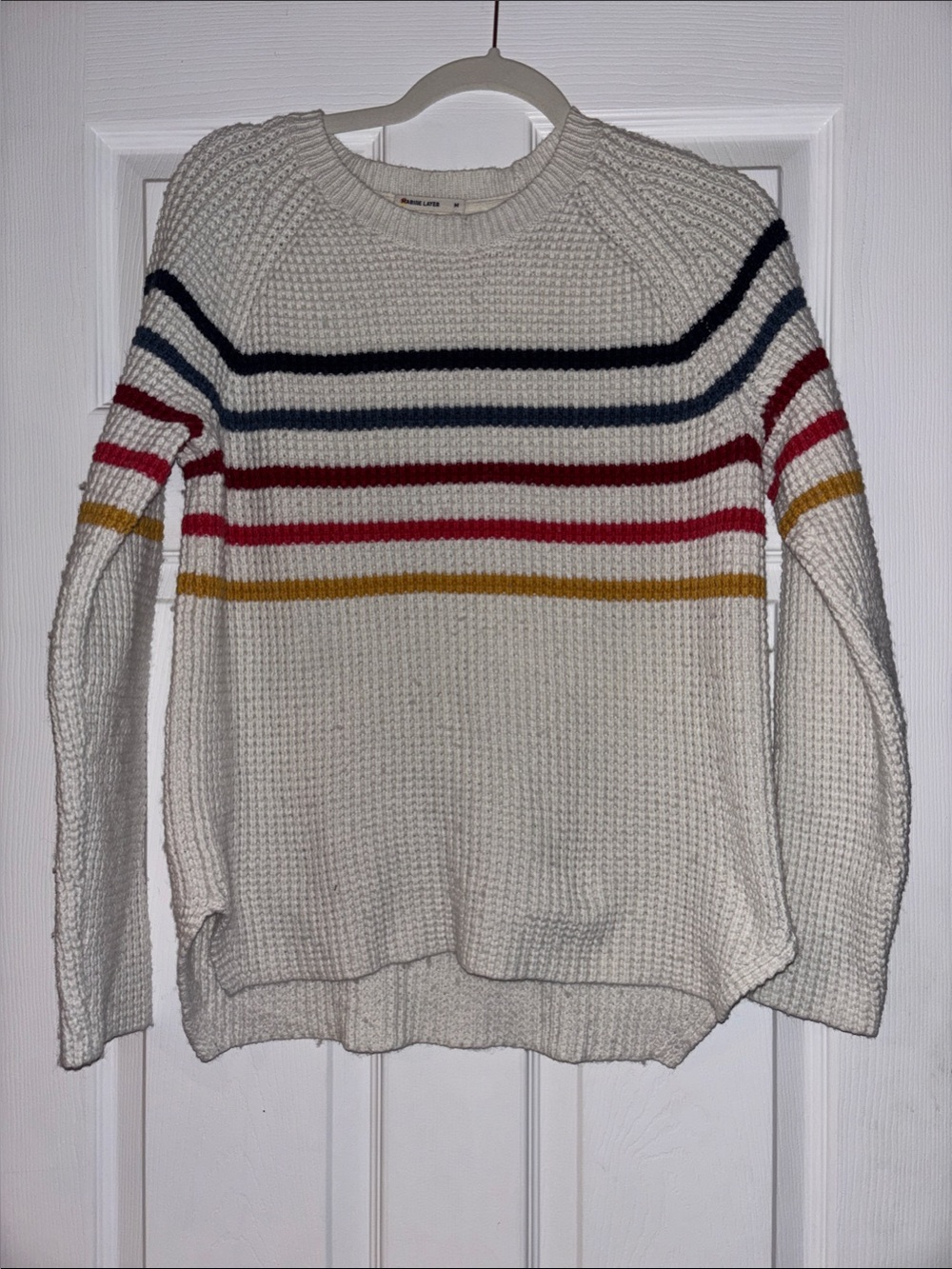 Marine Layer Ivory Waffle-Knit Crewneck Sweater with Navy, Red & Mustard Stripes